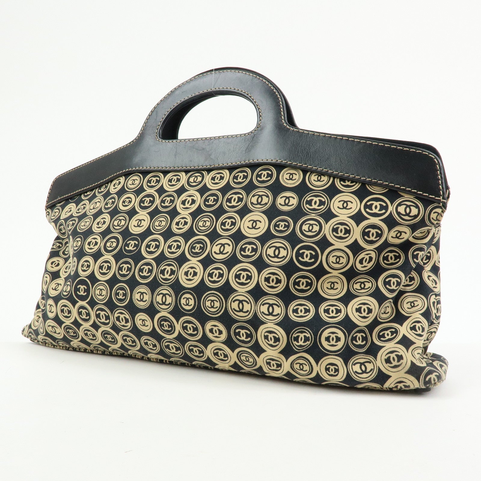 CHANEL COCO Mark Canvas Leather Hand Bag Beige Black