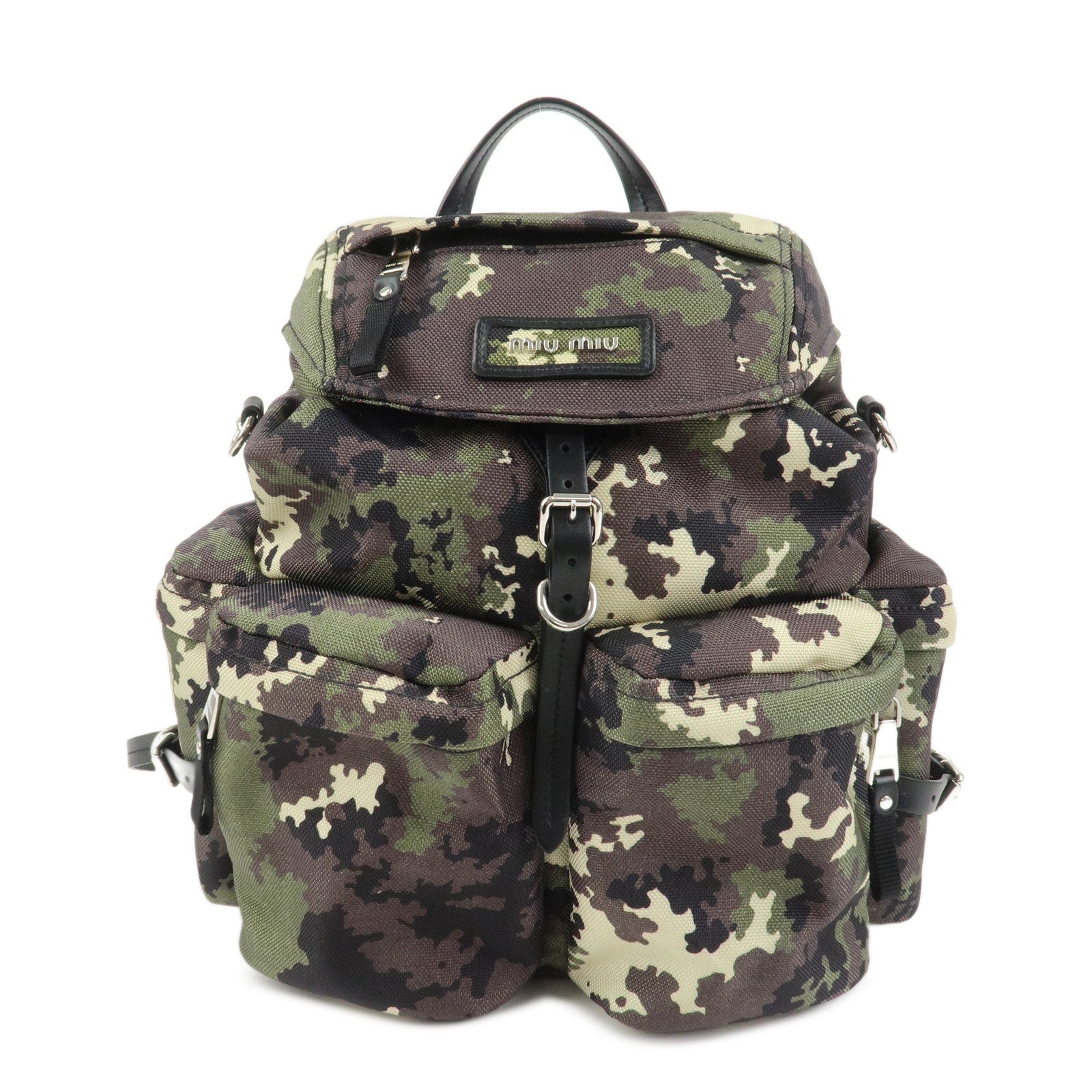 MIU MIU Nylon Canvas Camouflage Backpack Khaki Black 5BZ033