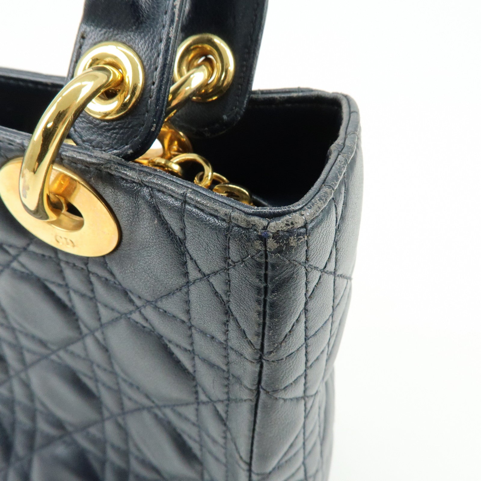 Christian Dior Lady Dior Cannage Leather Hand Bag Navy