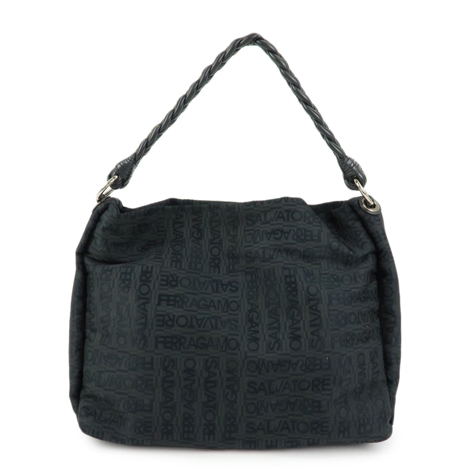 Ferragamo Canvas Leather Shoulder Bag Tote Bag Hand Bag Black
