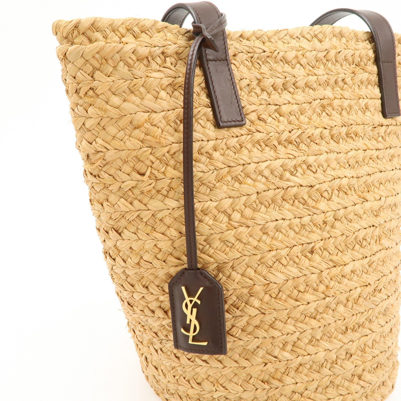 SAINT LAURENT Leather Raffia Tote Bag Shoulder Bag Beige Dark Brown Used