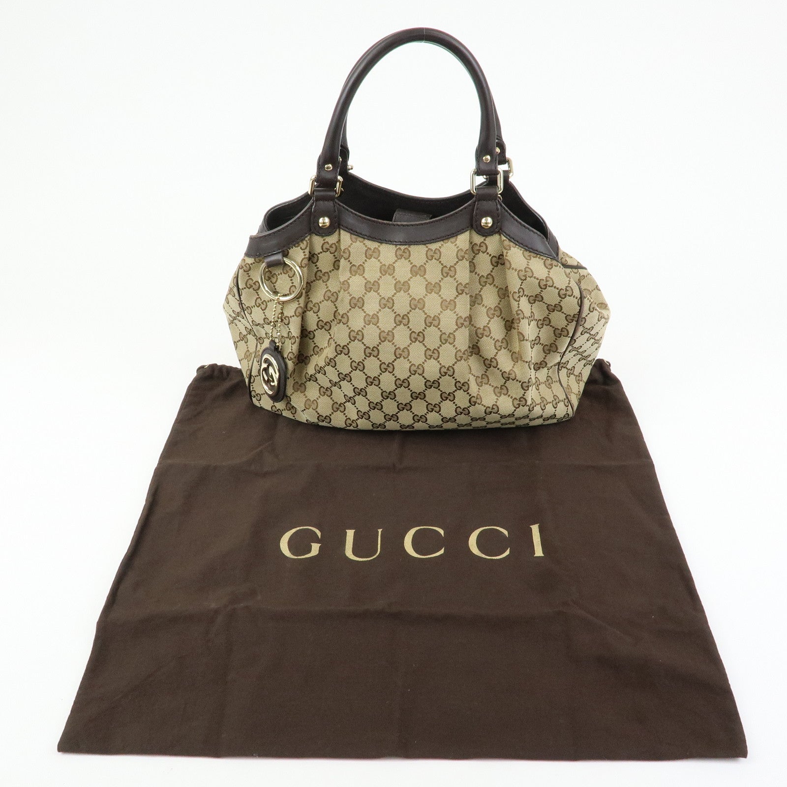 GUCCI GG Canvas Leather Tote Bag Hand Bag Dark Brown Beige 211944