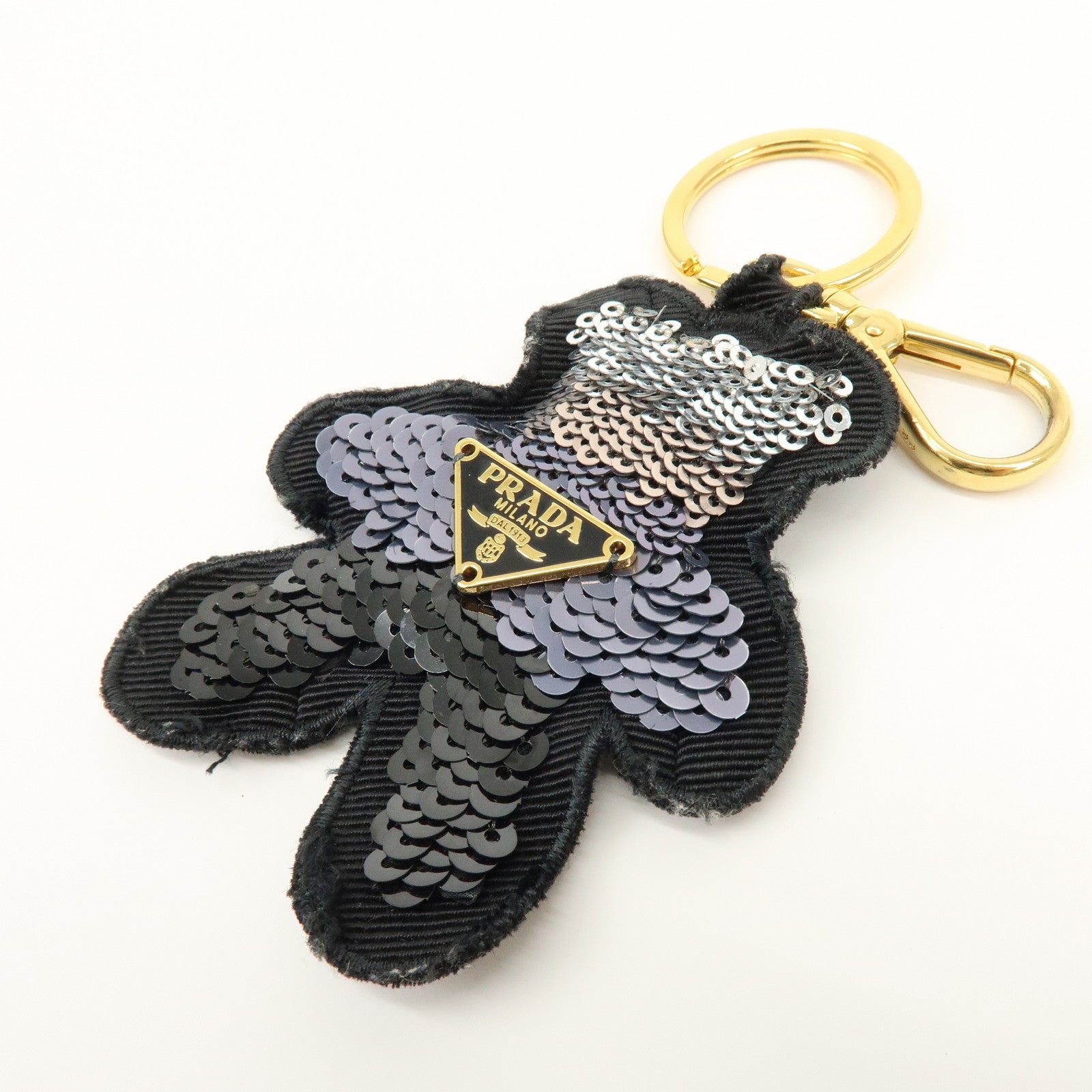 PRADA Bear Motif Canvas Sequins Bag Charm Key Holder Black Silver