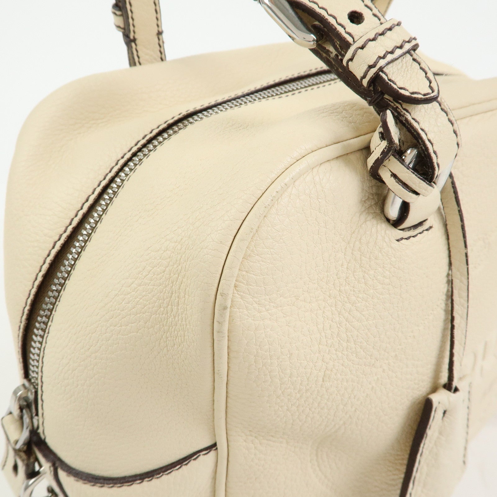 PRADA Vitello Daino Leather Boston Bag Shoulder Bag Ivory BR3091