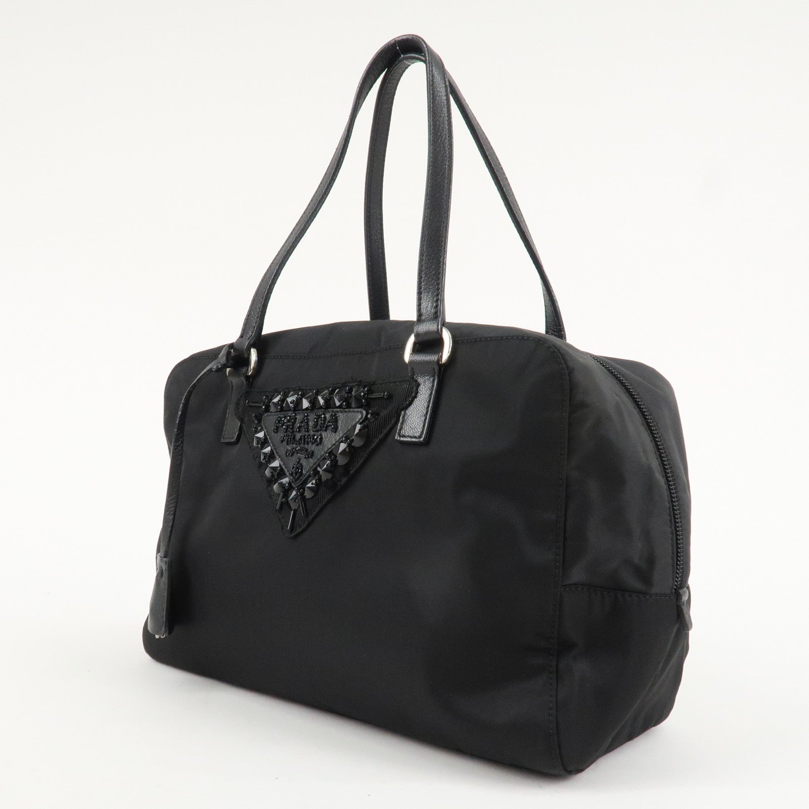 PRADA Evening Triangle Logo Leather Nylon Bijou Boston Bag Shoulder Bag Used
