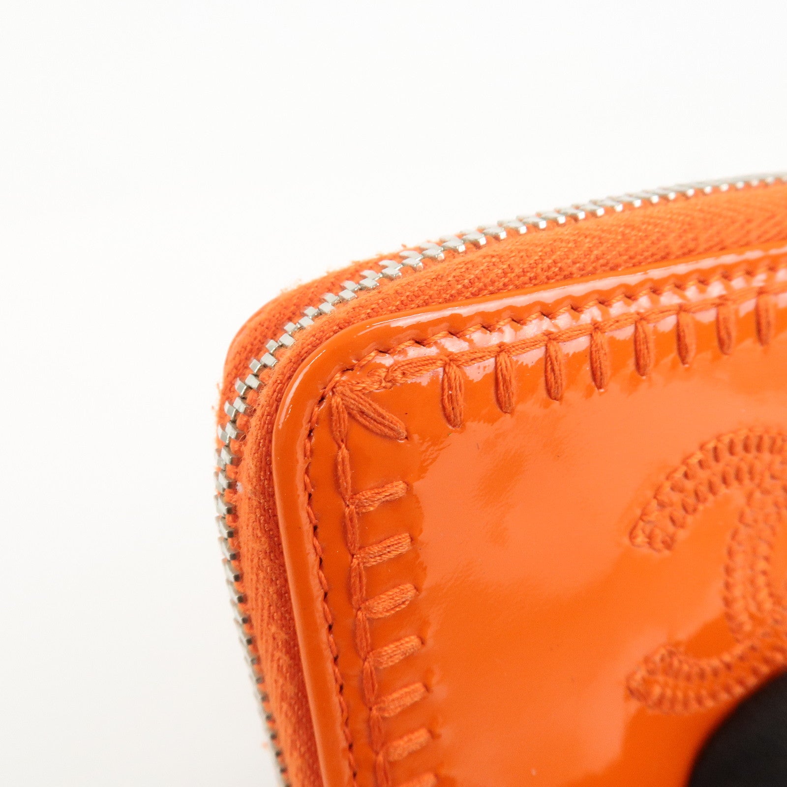 CHANEL COCO Mark Enamel Leather Round Zippy Coin Case Orange A68890 Used