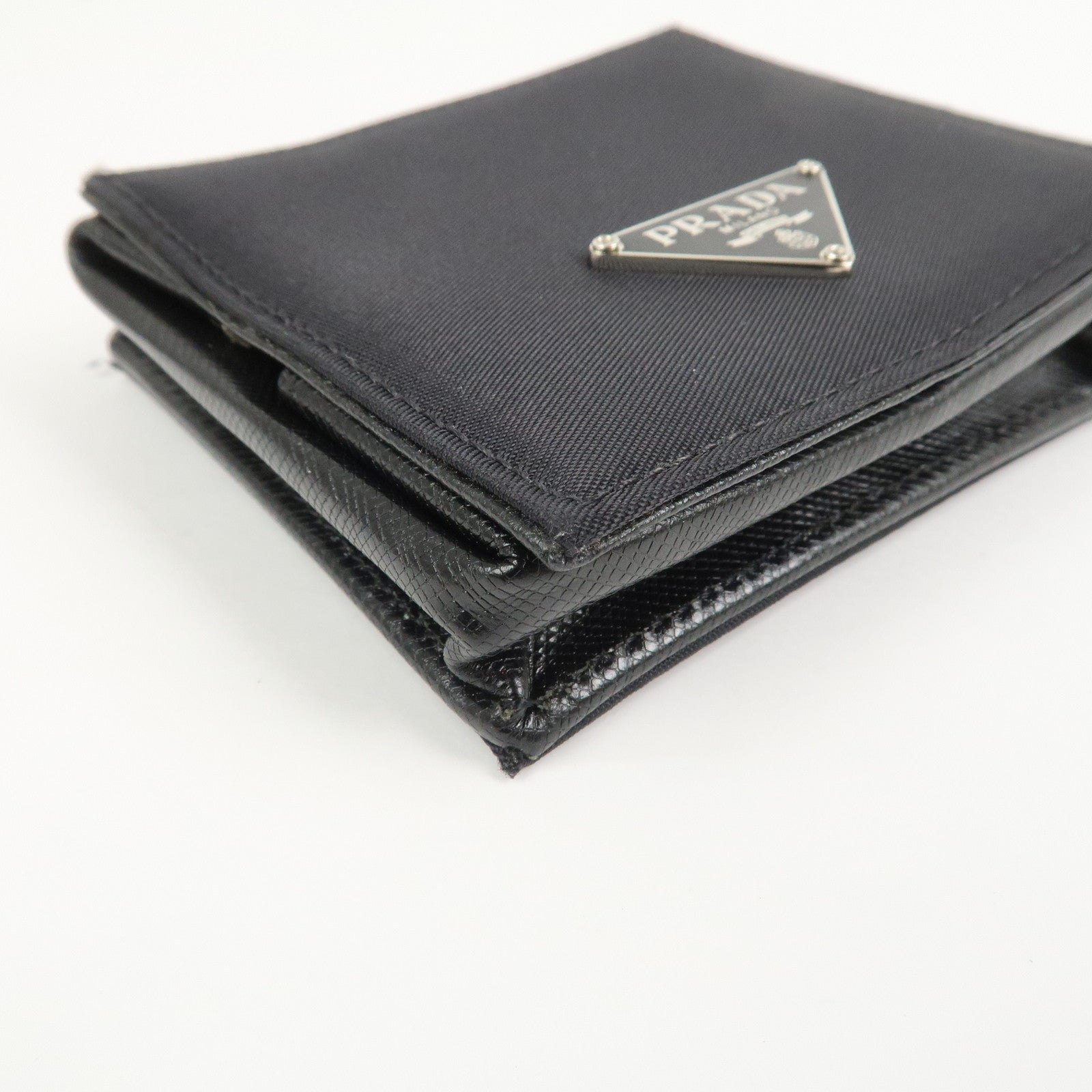 PRADA Triangle Logo Nylon Saffiano Leather Coin Case Black M634
