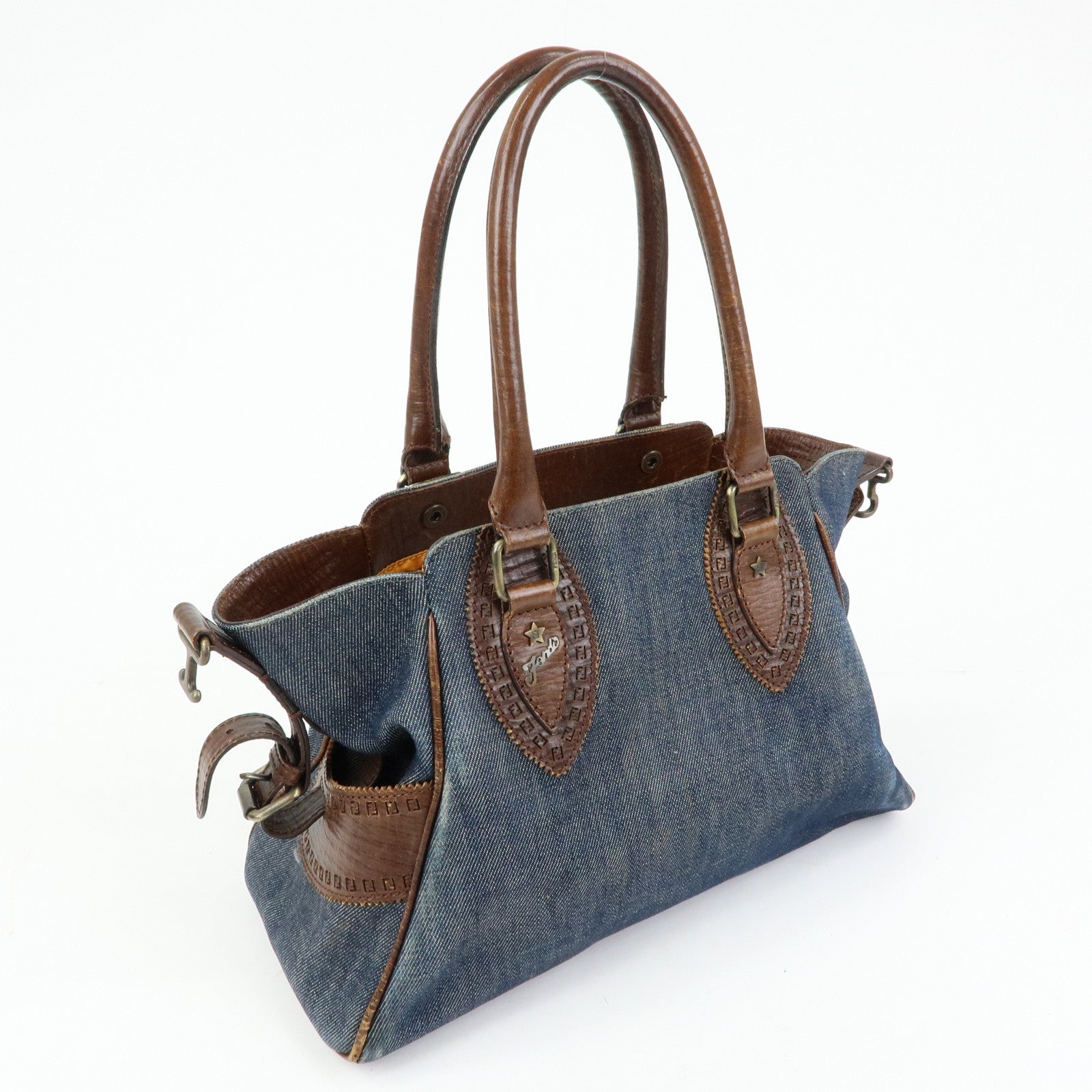 FENDI Etnico Denim Leather Shoulder Bag Indigo Blue Brown 8BN157