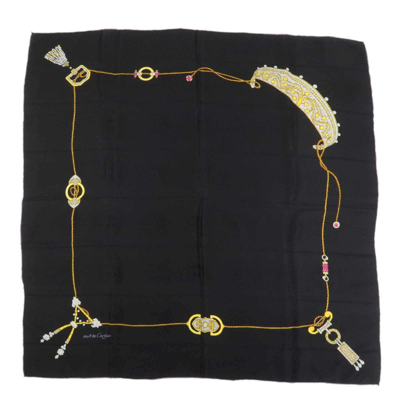 Cartier Must de Cartier Silk 100% Scarf Bijou Pattern Black Yellow