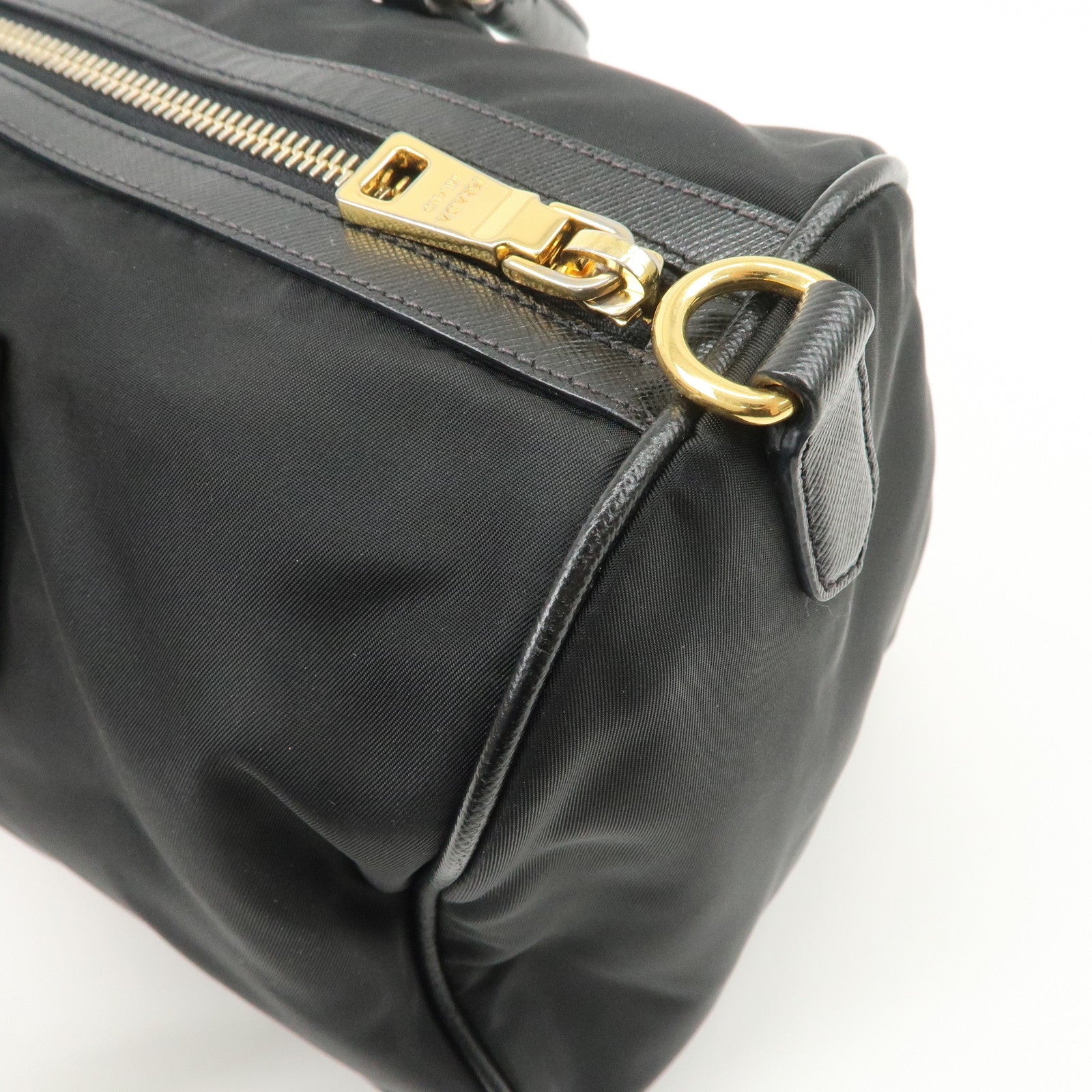 PPRADA Logo Nylon Leather Boston Bag Hand Bag Black Gold HDW Used