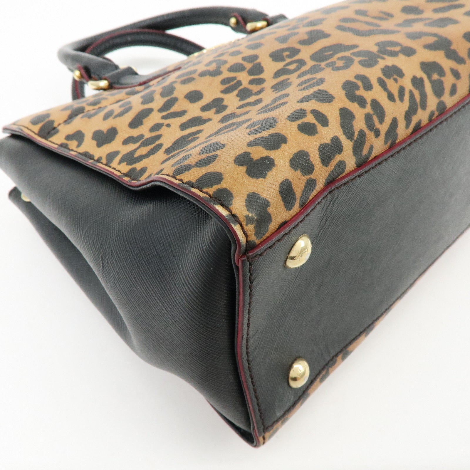 Ferragamo Gancini Leather 2Way Bag Hand Bag Leopard Motif Black