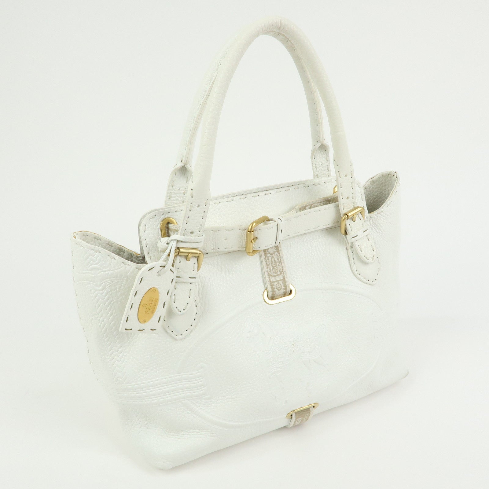 FENDI Selleria Villa Borghese Leather Hand Tote Bag White 8BN155