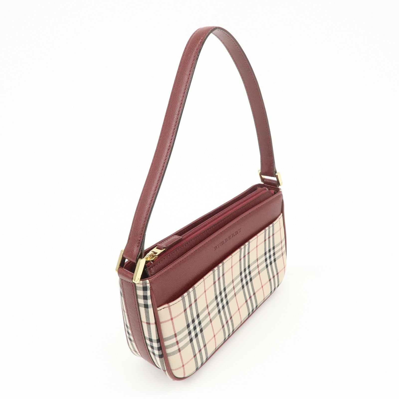 BURBERRY Leather Canvas Shoulder Bag Hand Bag Nova Plaid Bordeaux Used