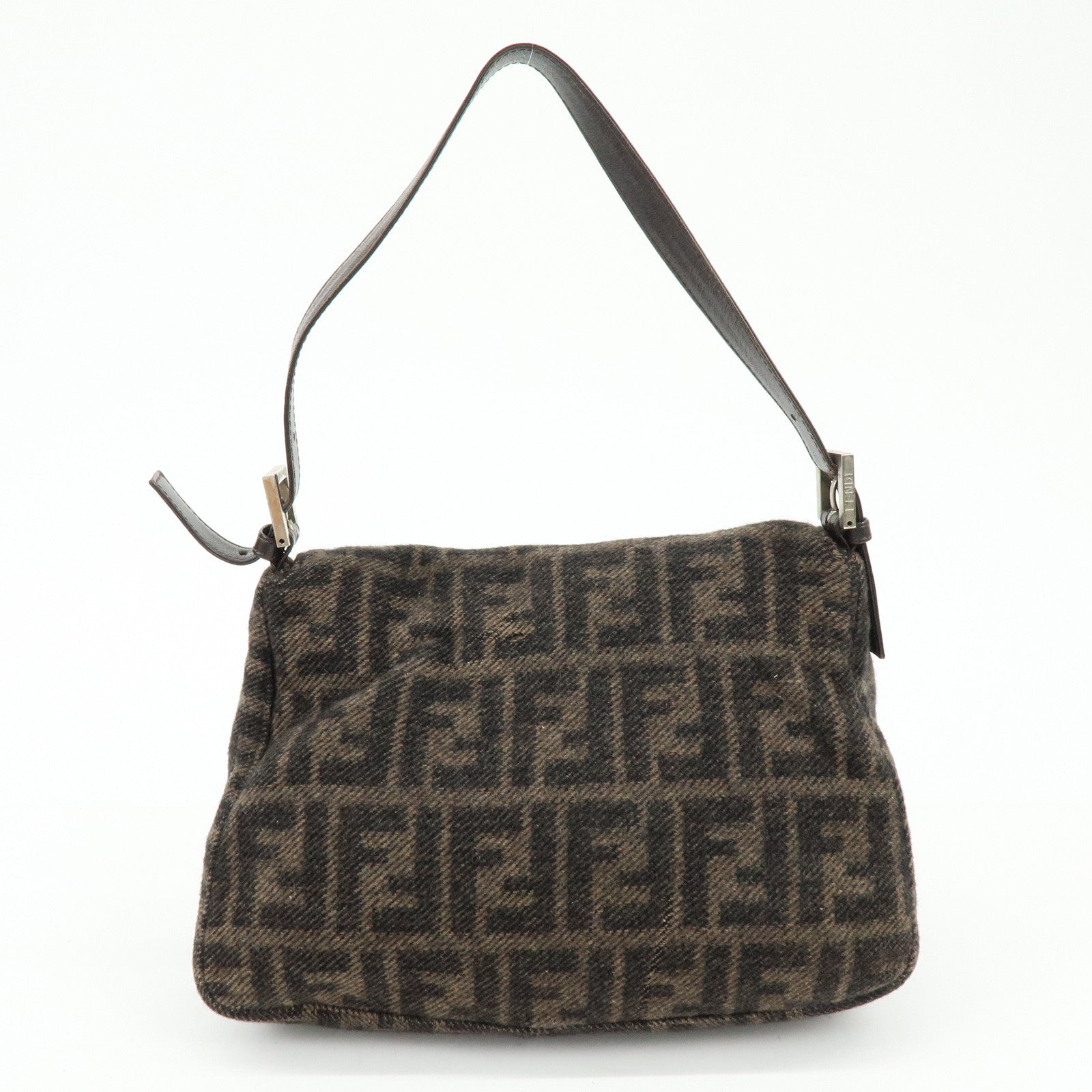 FENDI Mamma Baguette Zucca Wool Leather Shoulder Bag Brown 26325