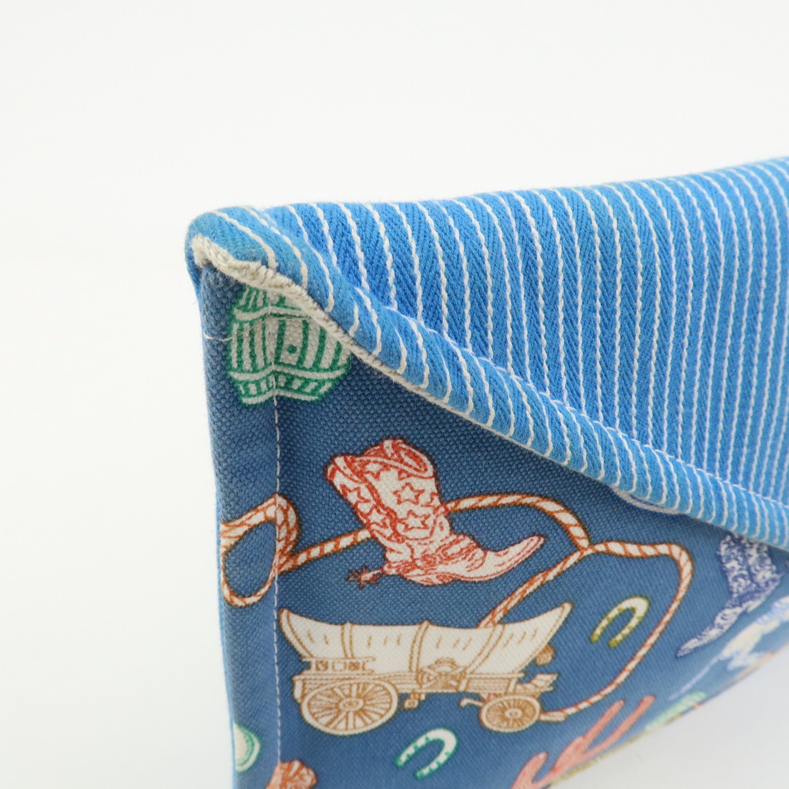 HERMES Cotton Western Motif Pouch Cosmetic Pouch Blue Multicolor