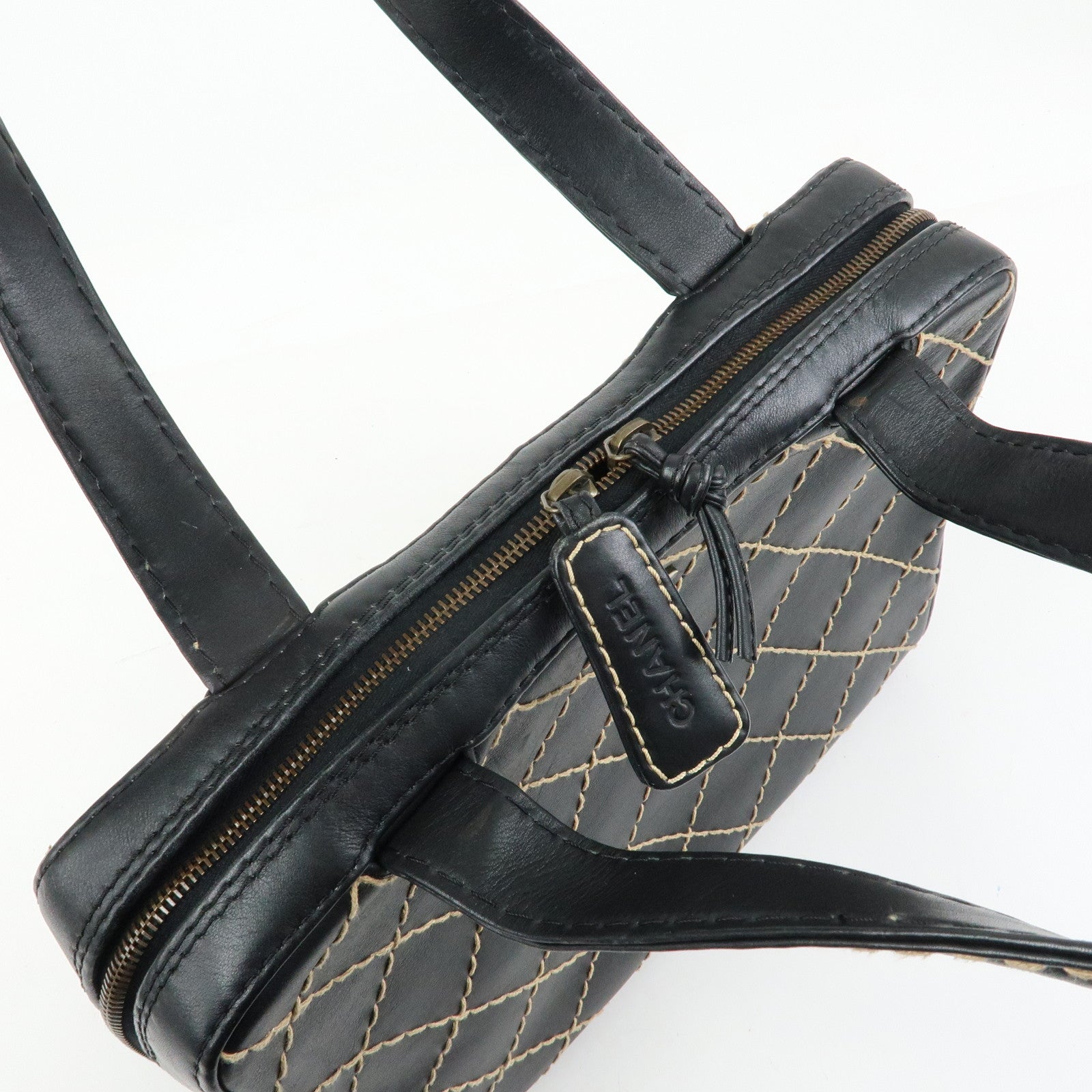 CHANEL Wild Stitch COCO Mark Leather Hand Bag Tote Bag Black A14693