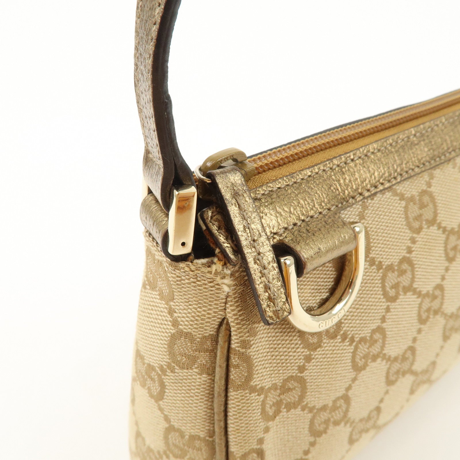 GUCCI Abbey GG Canvas Leather Pouch Hand Bag Beige Gold 145750