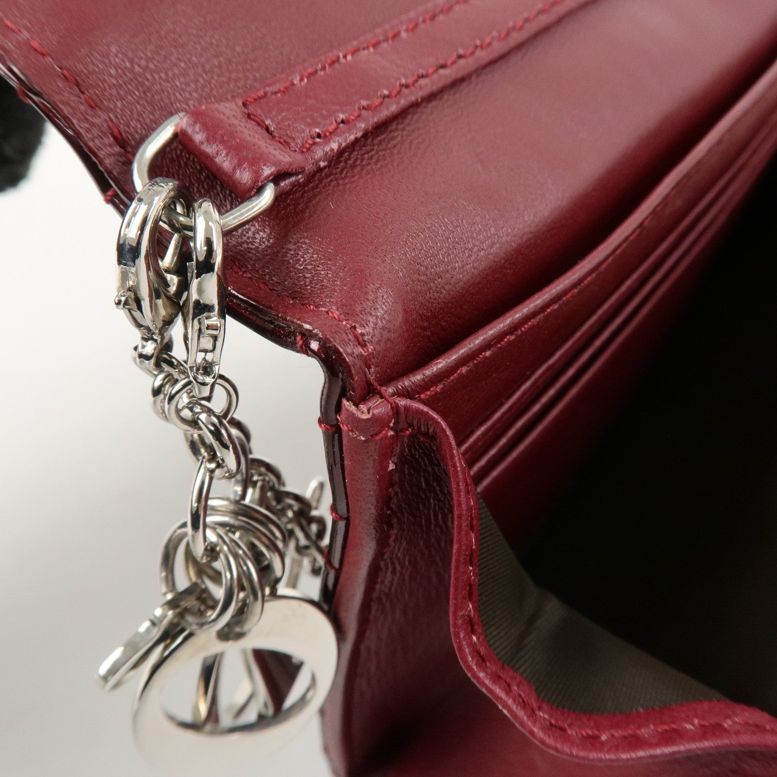 Christian Dior Lady Dior Cannage Patent Leather Chain Wallet Bordeaux Used