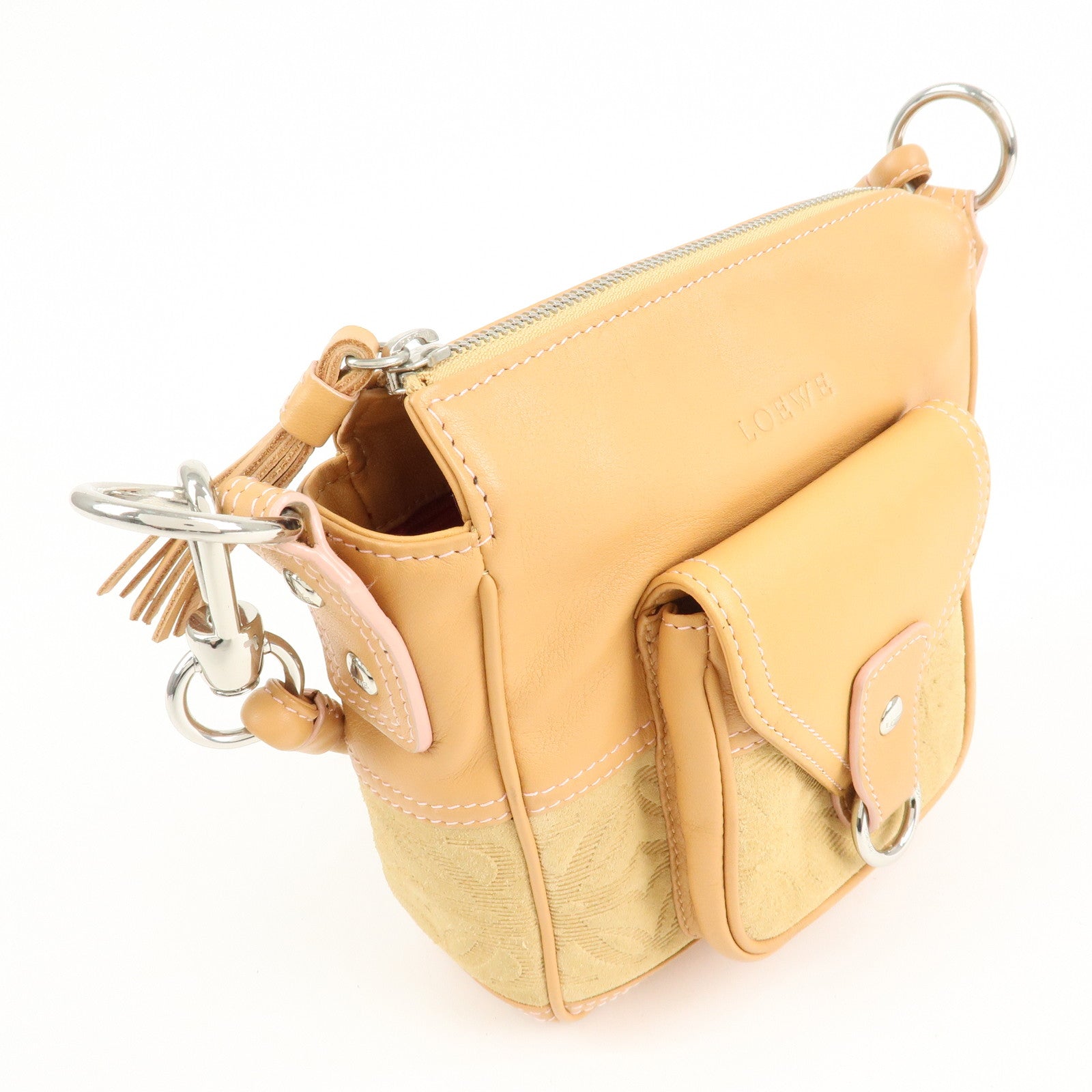 LOEWE Anagram Leather Suede Shoulder Bag Biege Silver HDW Used