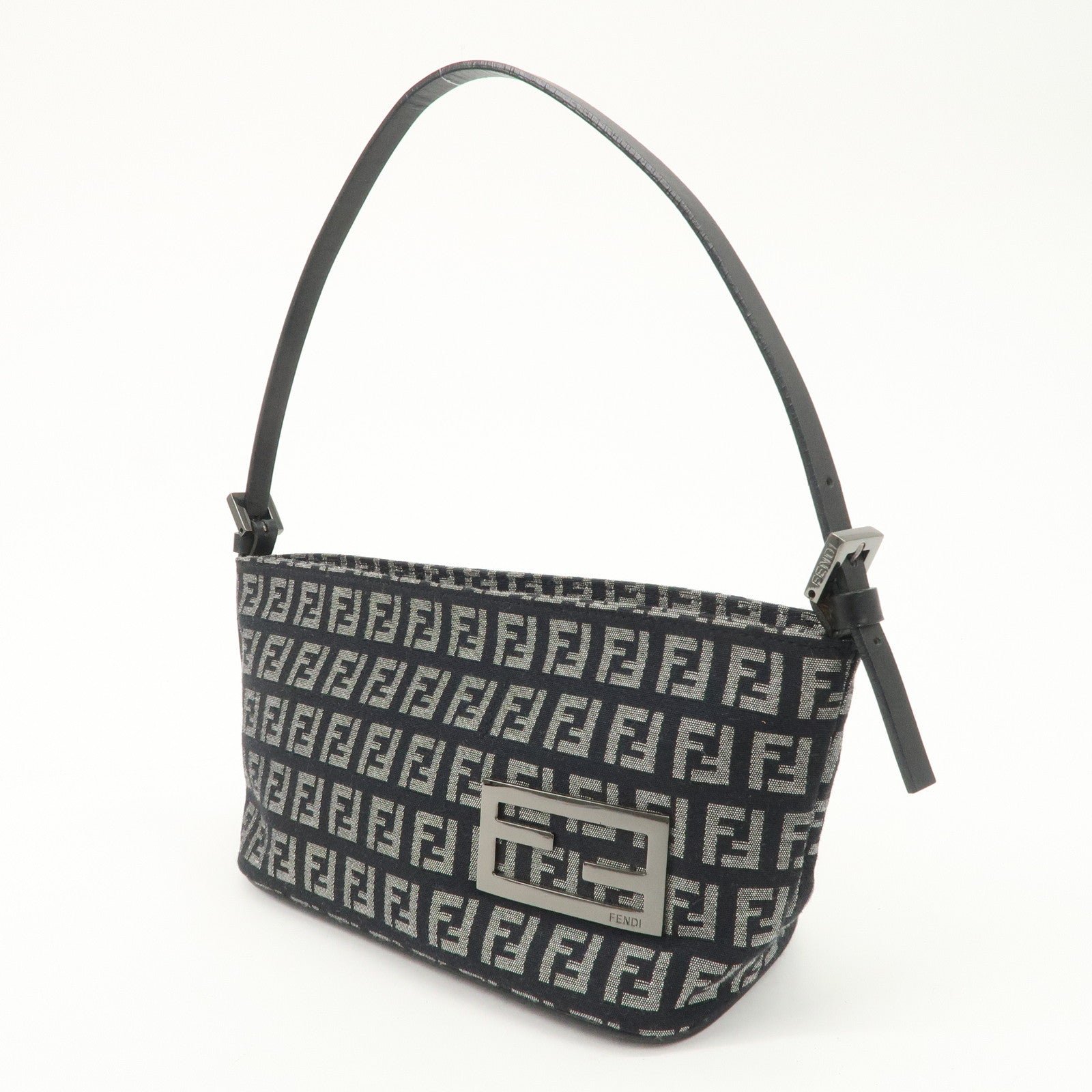 FENDI Zucchino Canvas Leather Shoulder Bag Black 266360 Used