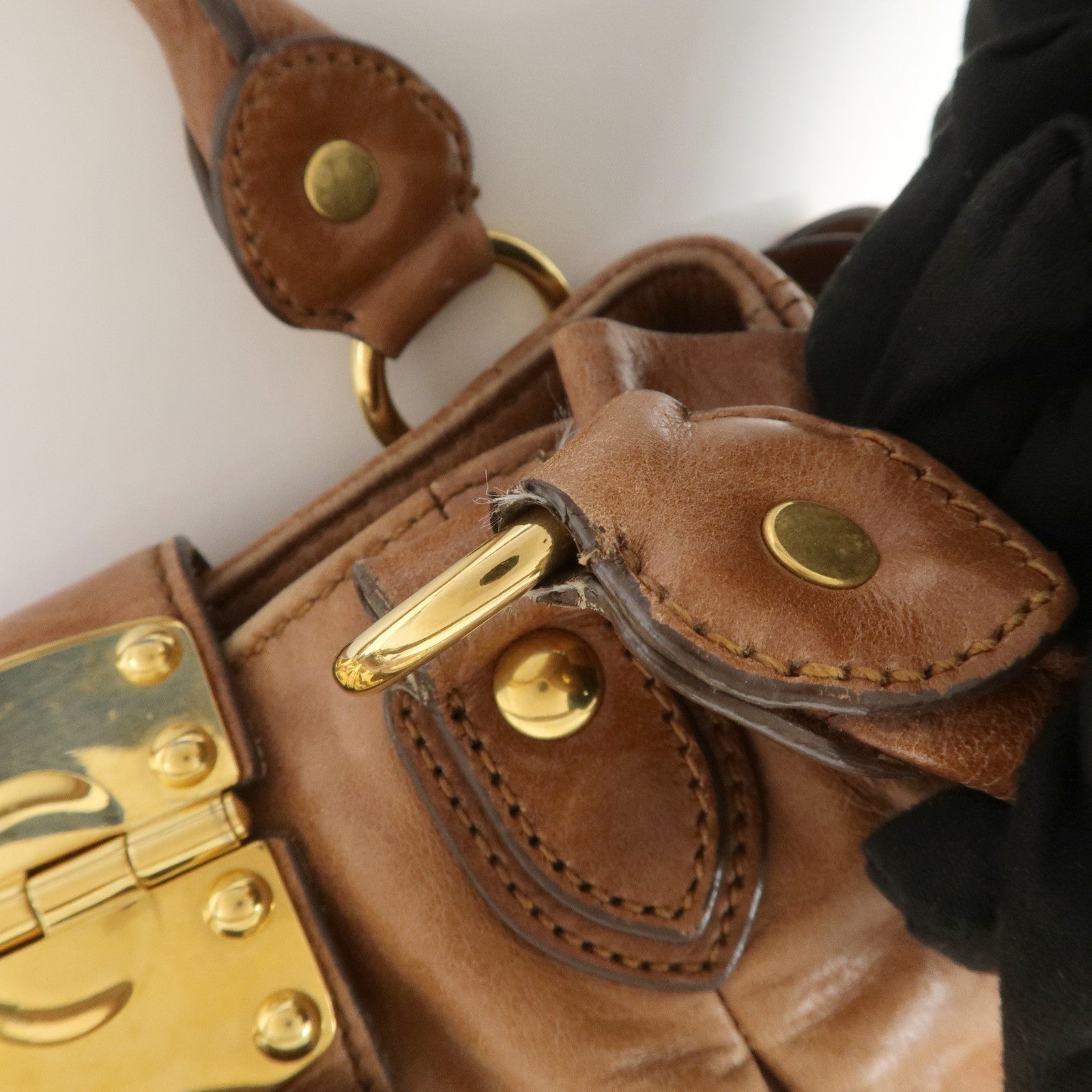 MIU MIU Side Ribbon Leather 2Way Shoulder Hand Bag Brown RN0686
