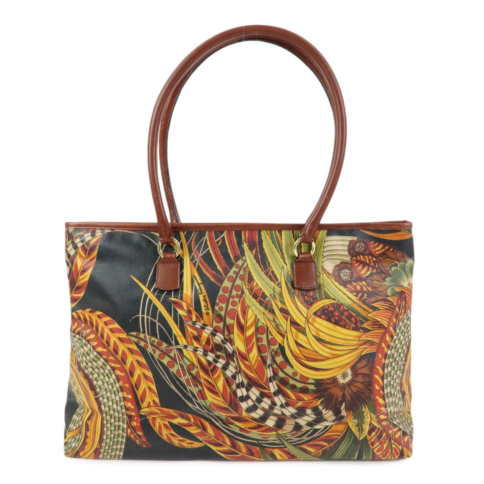 Ferragamo PVC Leather Tote Bag Shoulder Bag Black Brown Yellow