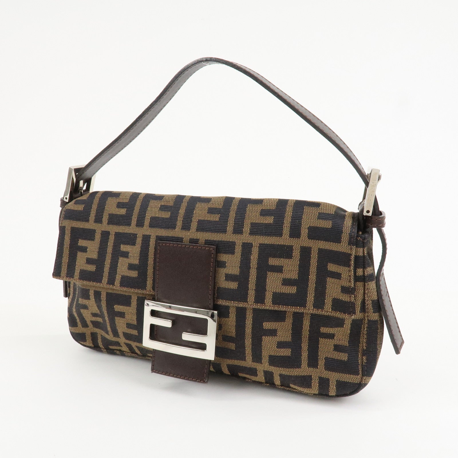 FENDI Mamma Baguette Zucca Canvas Shoulder Bag Brown Black 26424