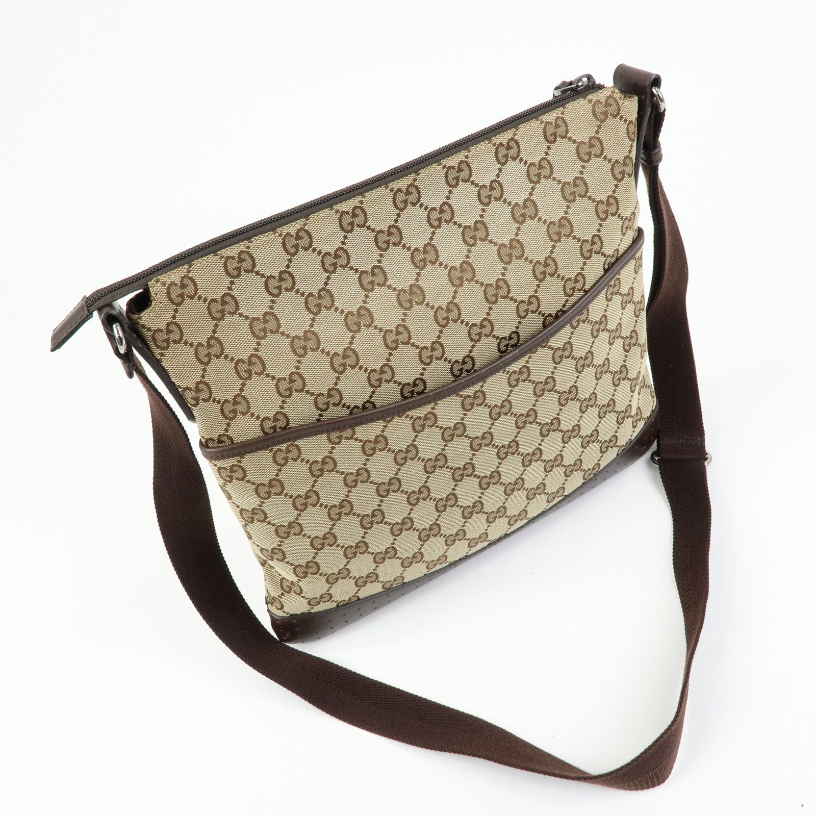 GUCCI GG Canvas Leather Shoulder Crossbody Bag Beige Brown 145857