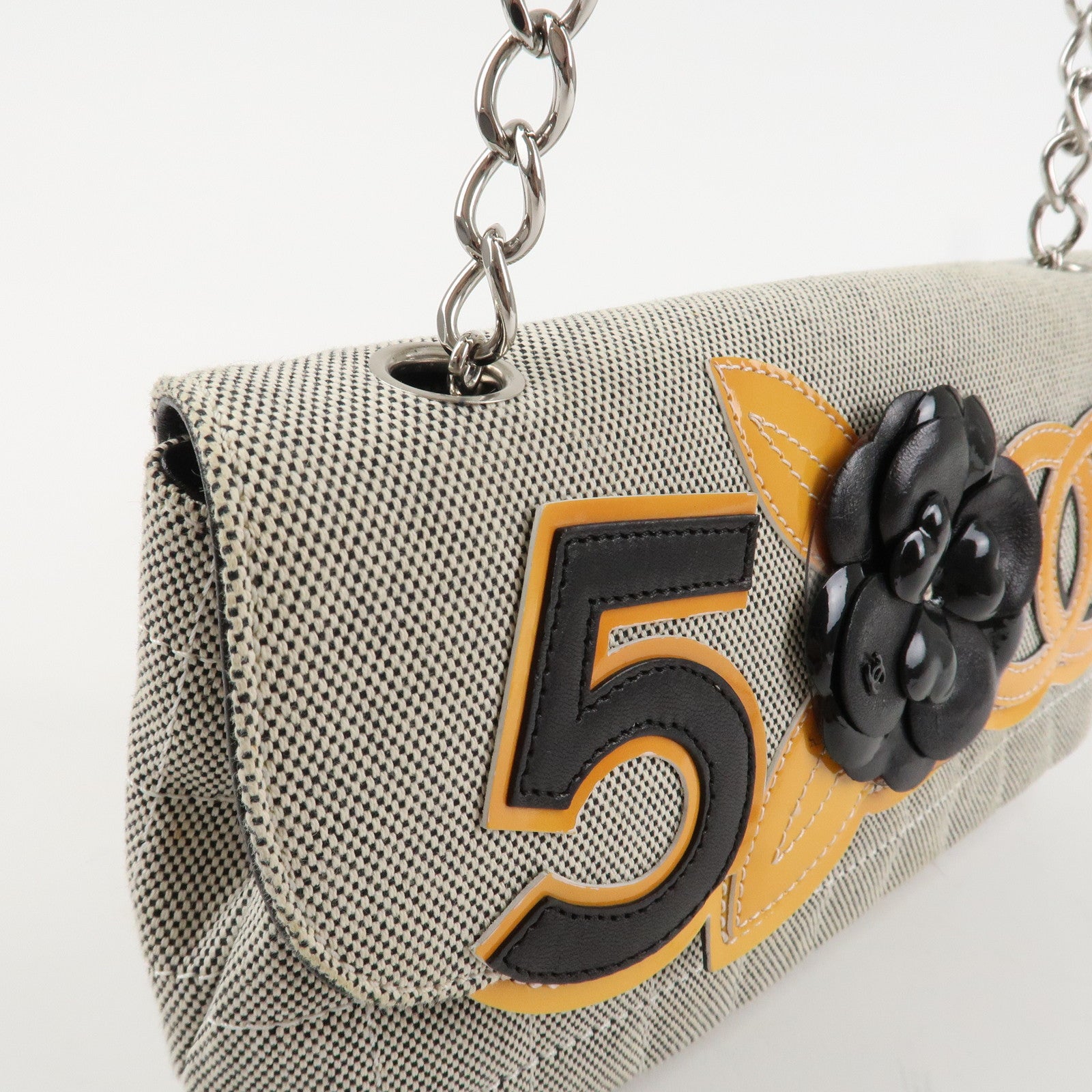 CHANEL COCO Mark Canvas Patent Leather Chain Shoulder Bag Grey Orange Used