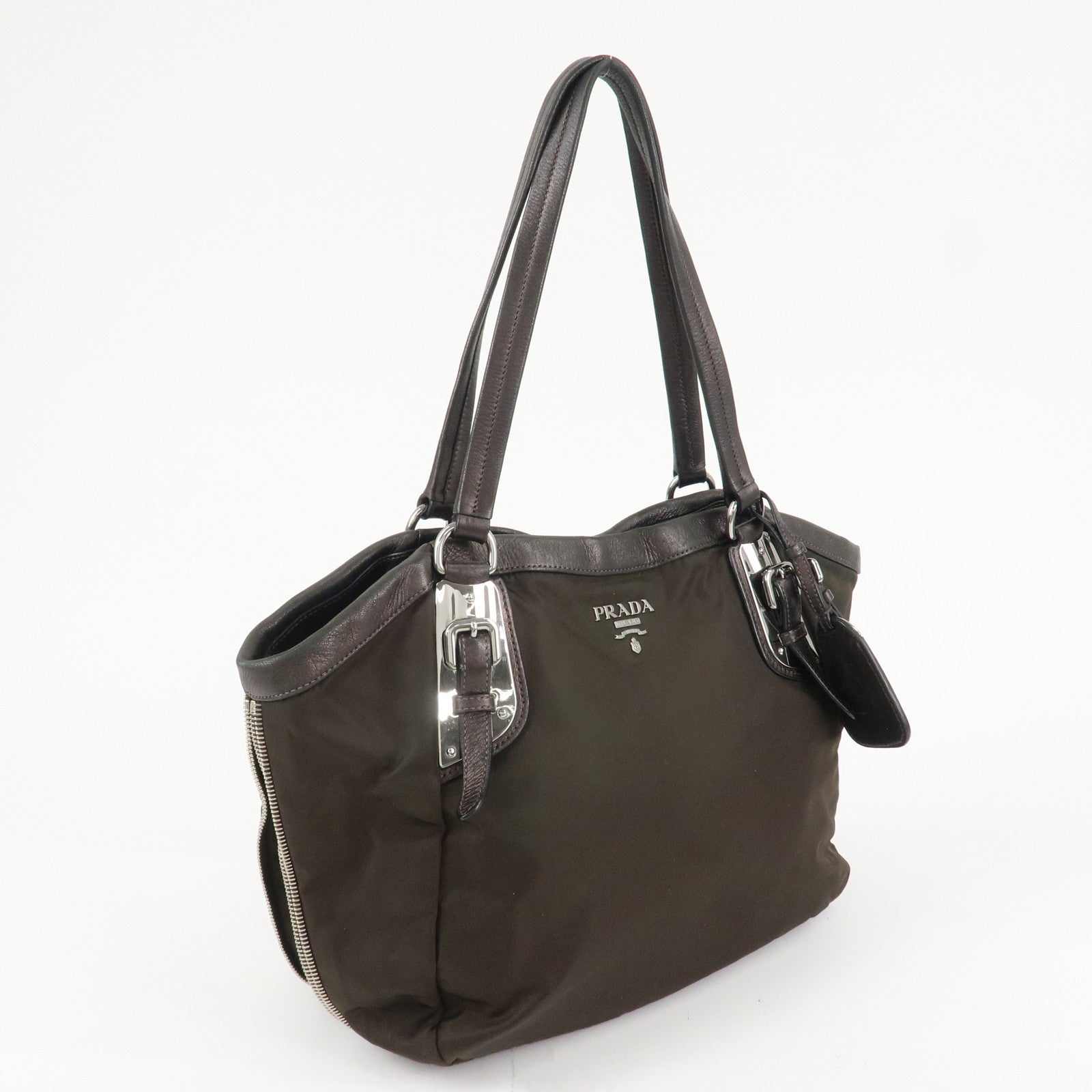PRADA Logo Nylon Leather Tote Bag Shoulder Bag Khaki Metallic Brown Used