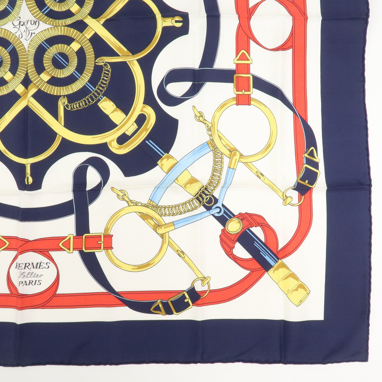 HERMES Carre 90 Silk 100% Scarf Eperon d'or Navy White