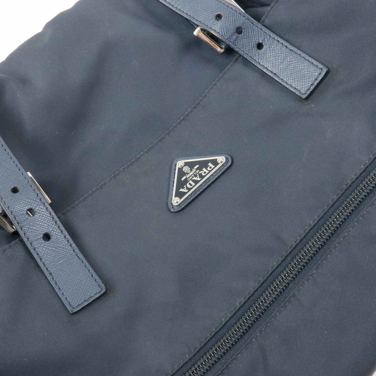 PRADA Triangle Logo Nylon Saffiano Leather Shoulder Bag Navy