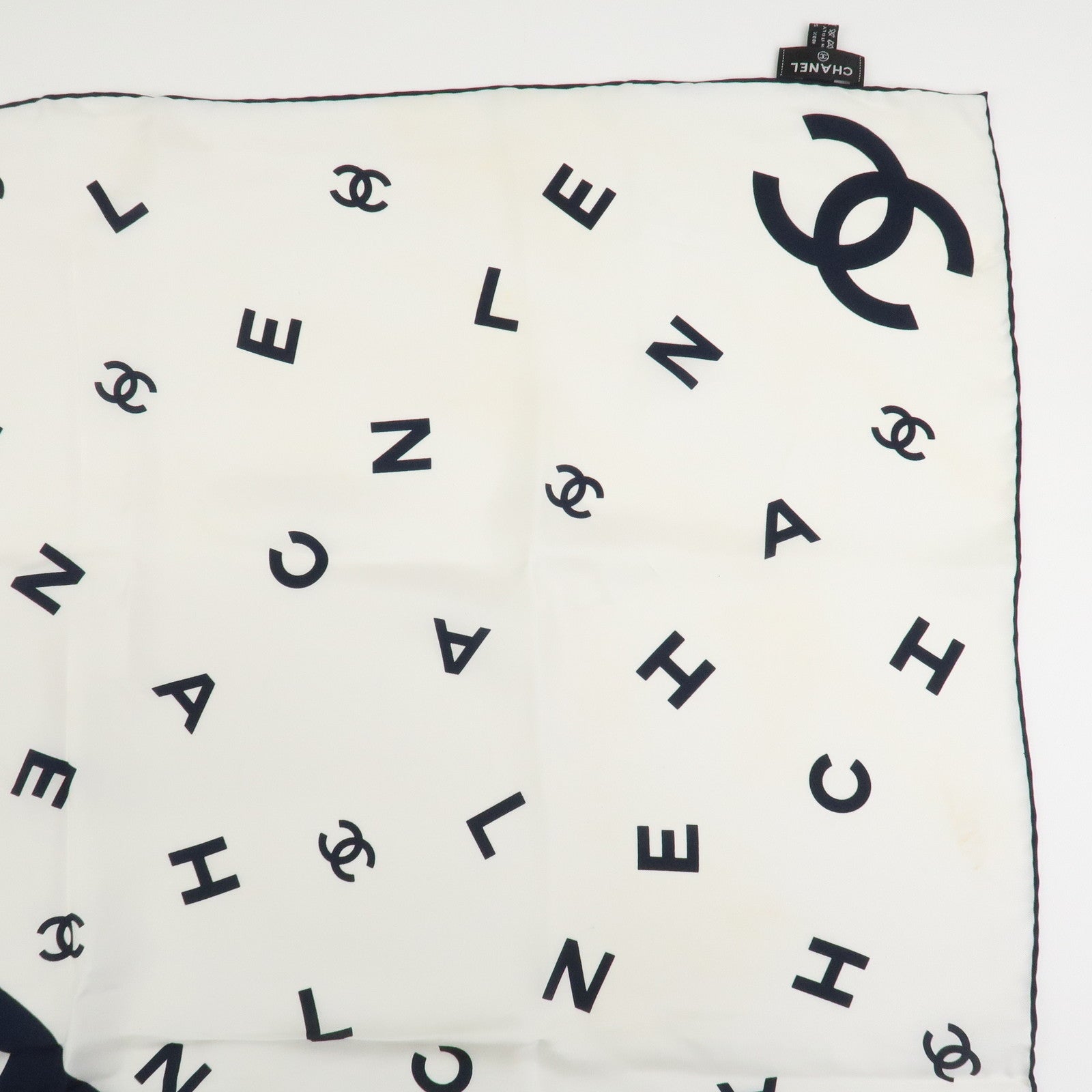 CHANEL COCO Mark Silk 100% Scarf White Navy