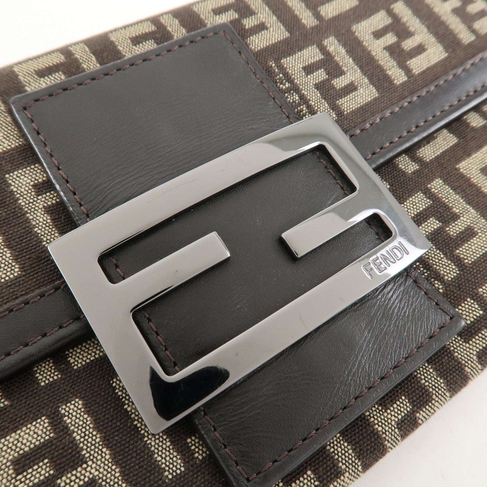 FENDI Zucchino Canvas Leather Bi-Fold Long Wallet Dark Brown 8M0021 Used