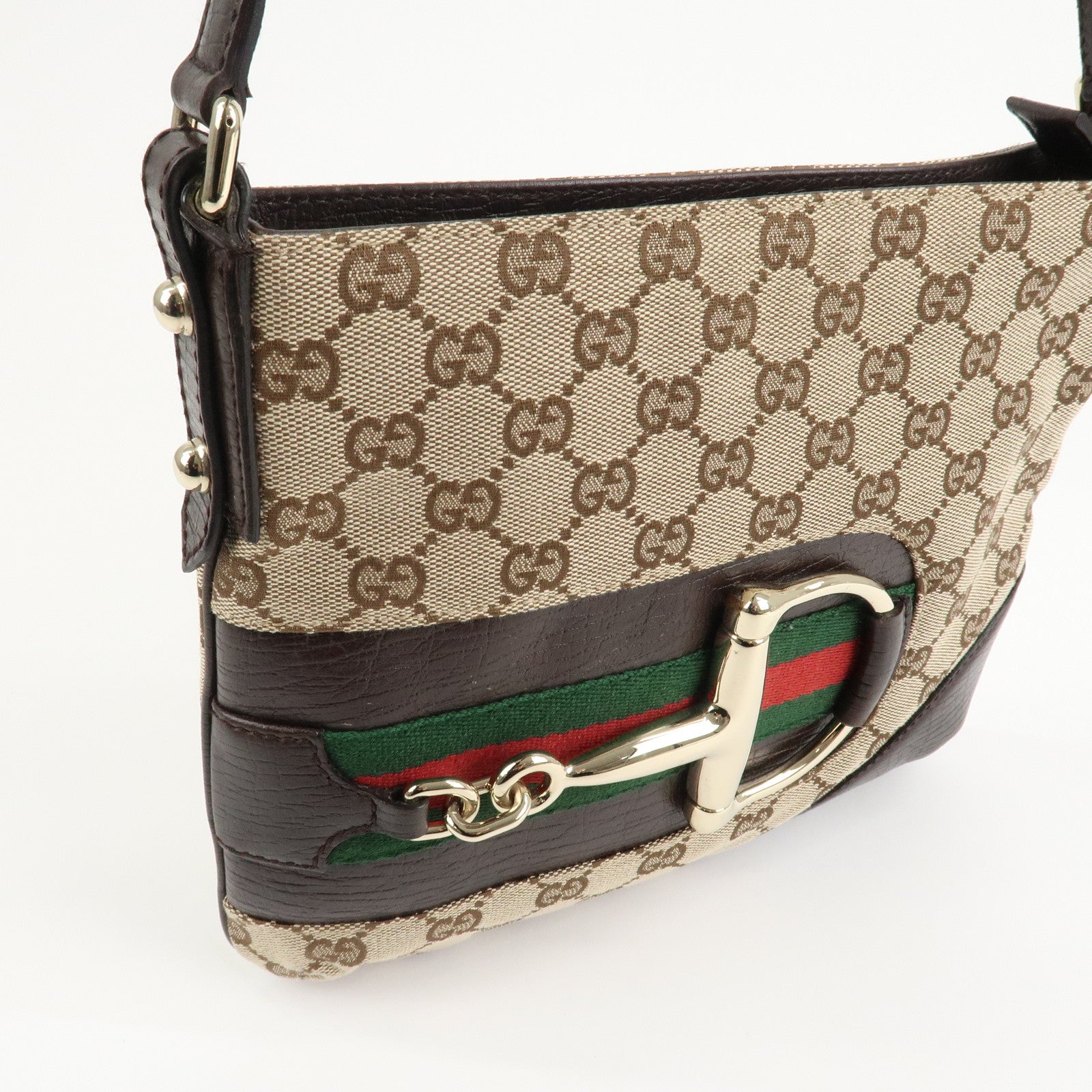 GUCCI Horsebit Sherry GG Canvas Leather Shoulder Bag Brown 17004