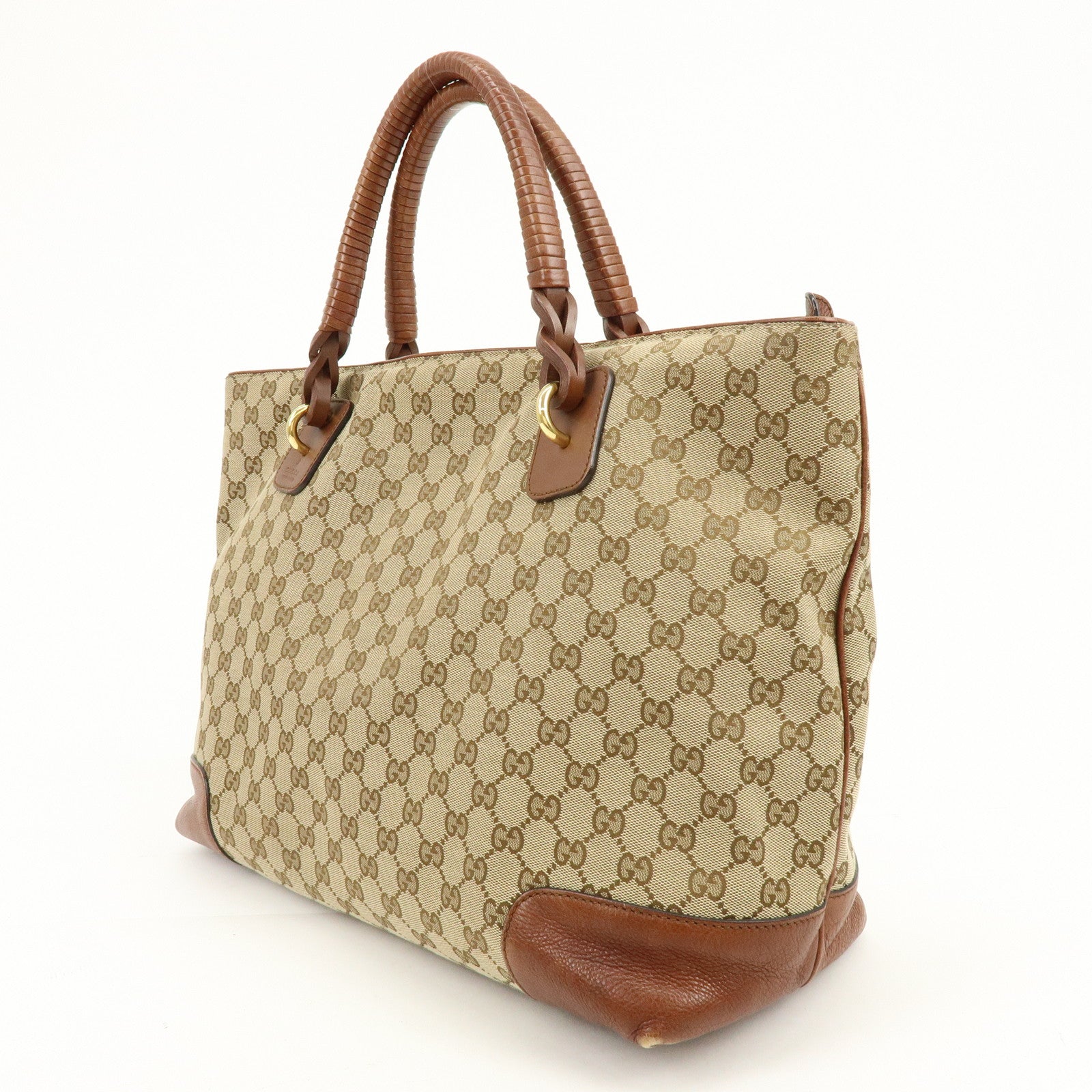 GUCCI GG Canvas Leather Shoulder Bag Tote Bag Beige Brown 323665
