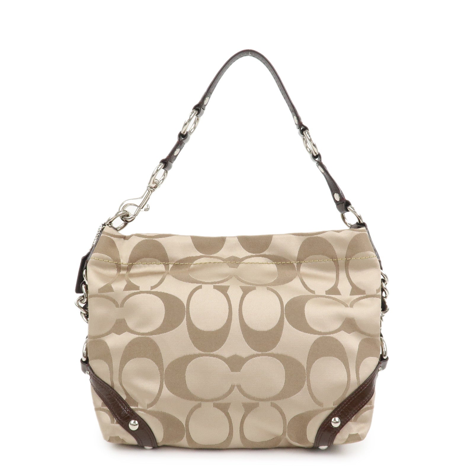 COACH Leather Satin Shoulder Bag Beige Brown F15250