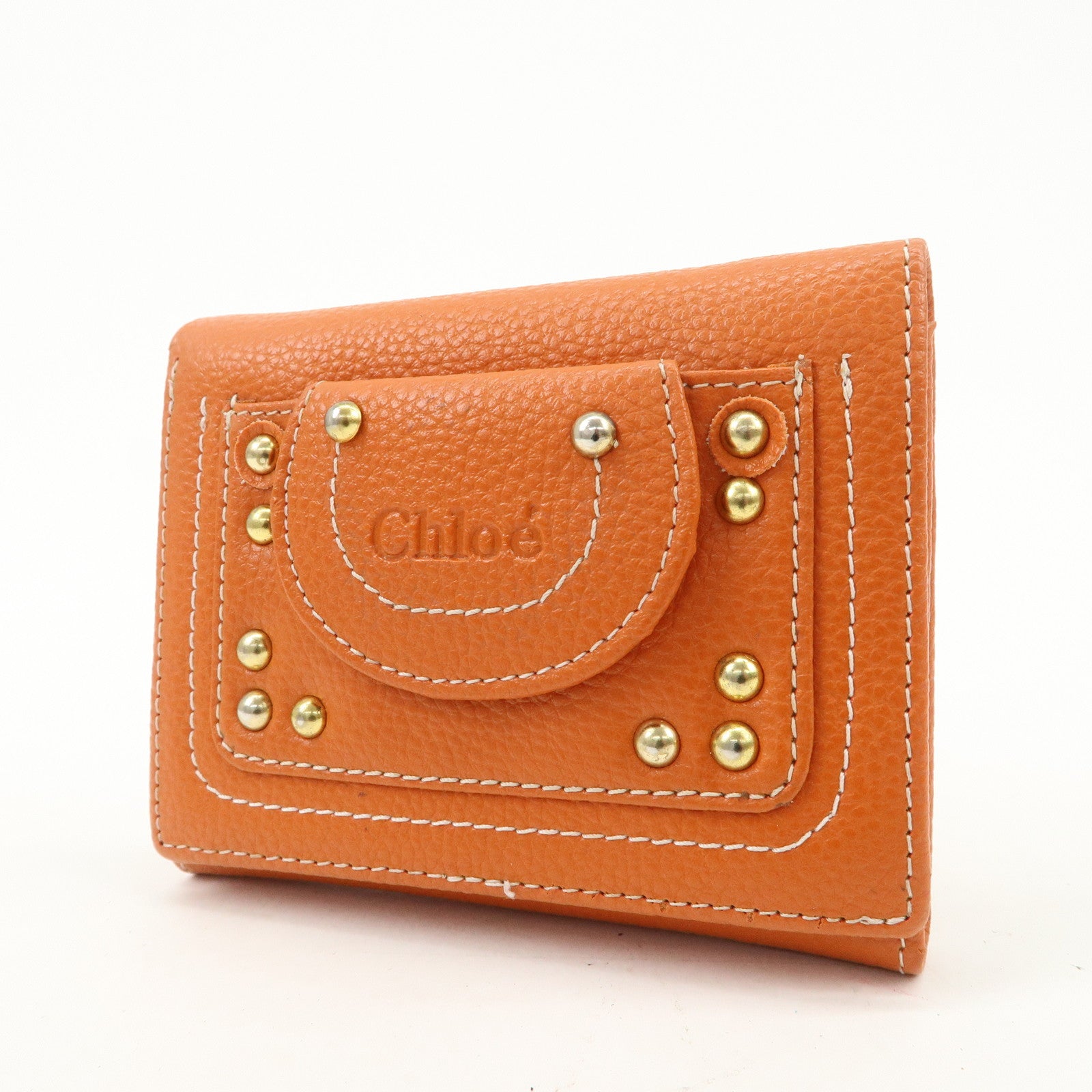Chloe Leather Tri-fold Compact Wallet Studs Orange