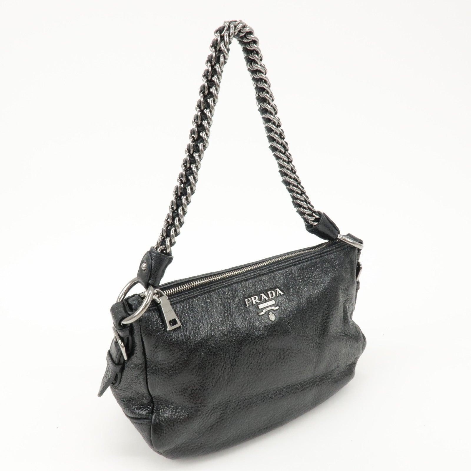 PRADA Logo Leather Chain Shoulder Bag Hand Bag Black BR4370 Used