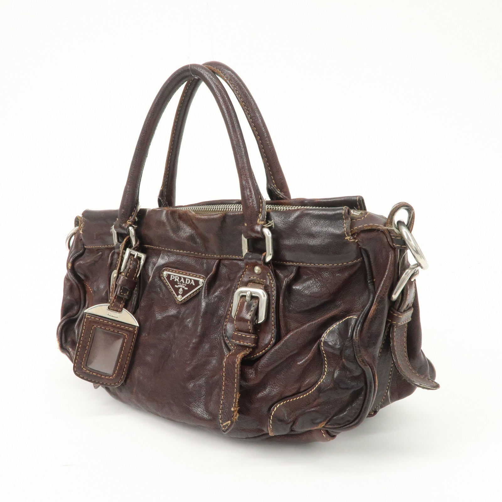 PRADA Triangle Logo Leather 2Way Bag Hand Bag Dark Brown BN1279 Used