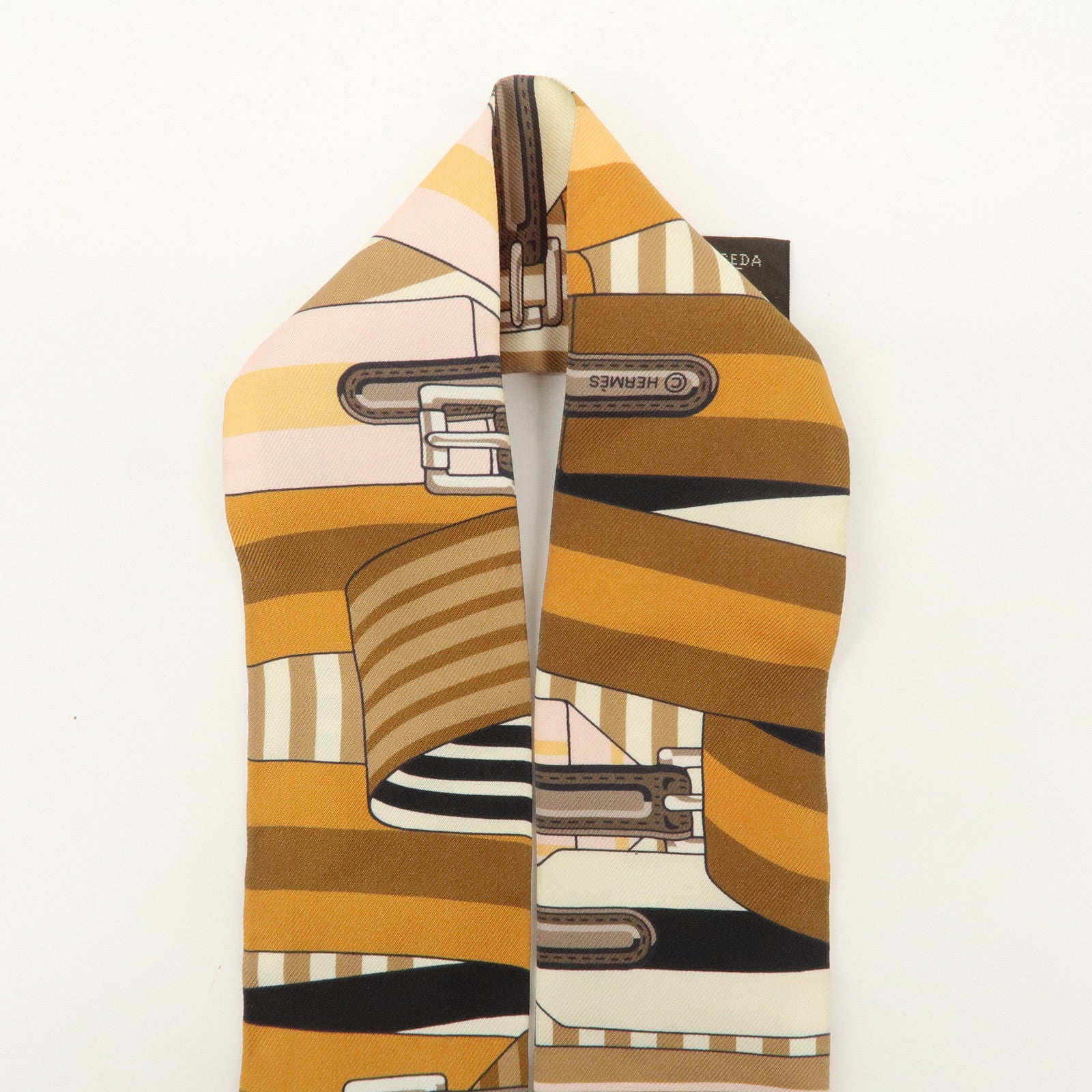 HERMES Twilly Silk 100% Scarf LES SANGLES Brown Black Peach