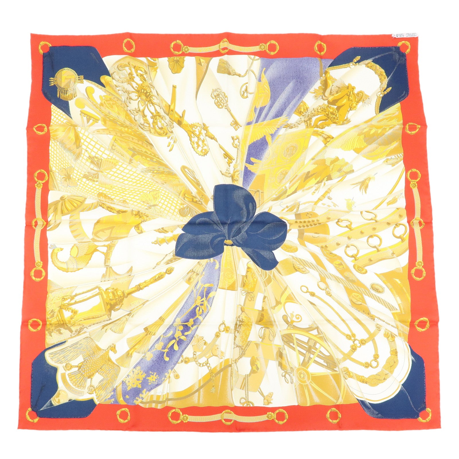 HERMES Carre 90 Silk 100% Soleil de Soie Scarf Gold Navy Red