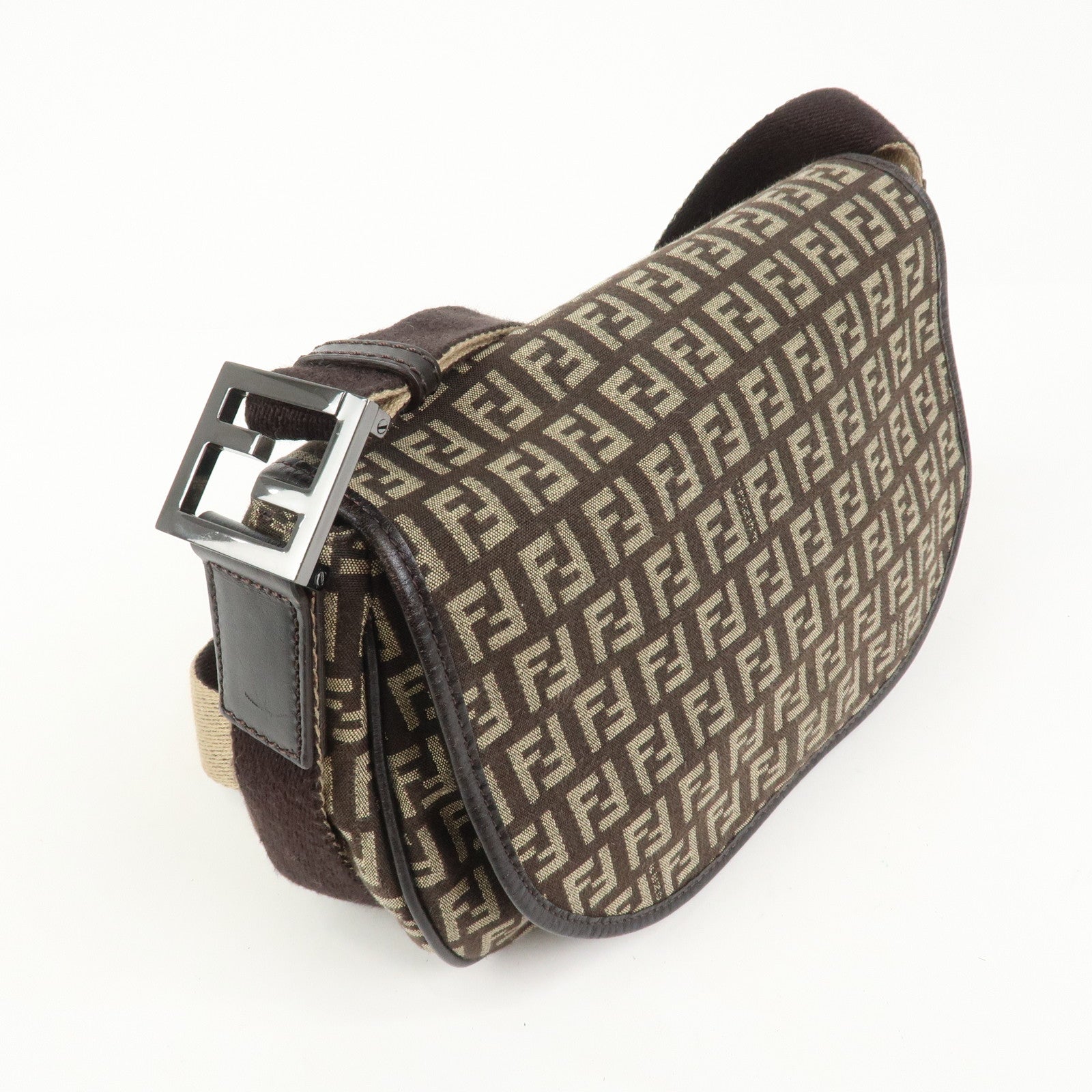FENDI Zucchino Canvas Leather Shoulder Bag Crossbody Bag 8BR320