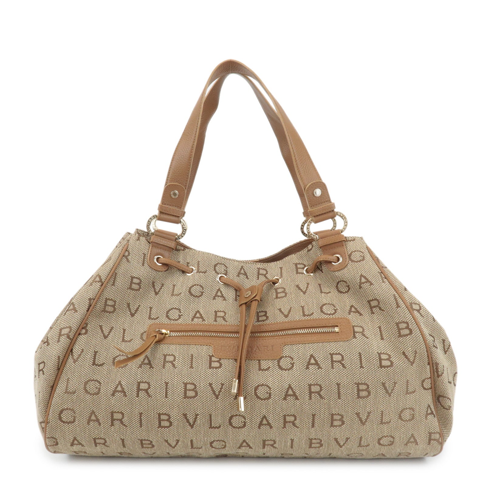 BVLGARI Logo Mania Leather Canvas Tote Bag Shoulder Bag Beige Brown Used