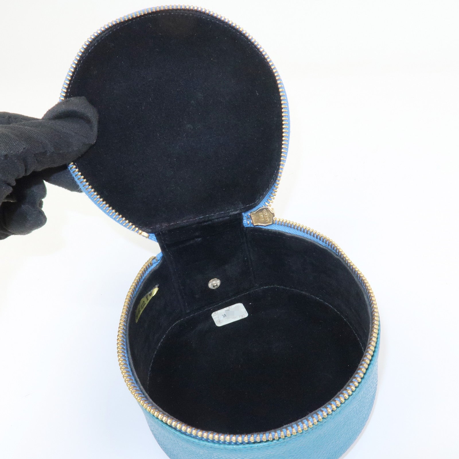 CHANEL COCO Mark Caviarskin Round Cosmetic Pouch Blue Gold