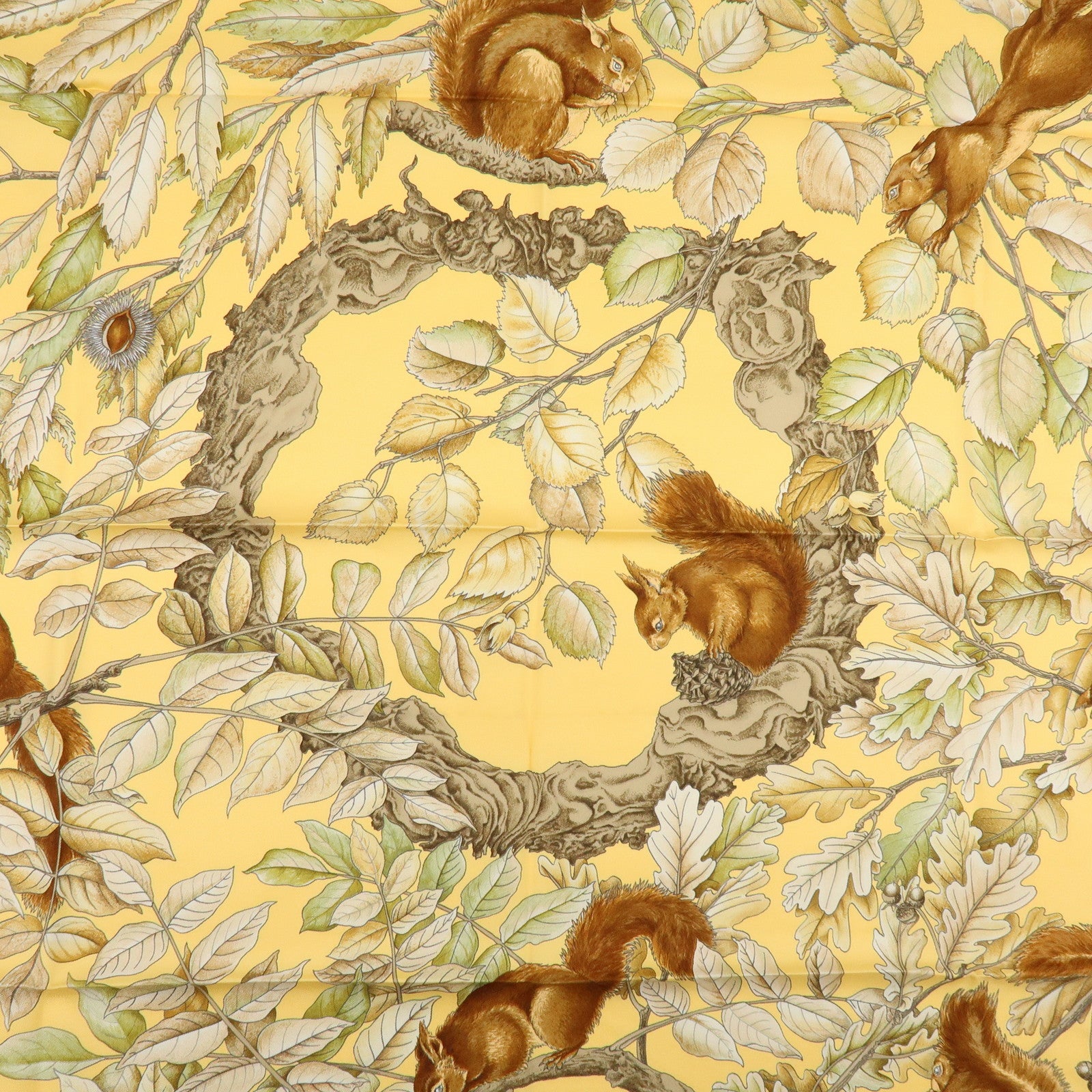 HERMES Carre 90 Silk 100% Scarf Casse Noisette Squirrel Yellow
