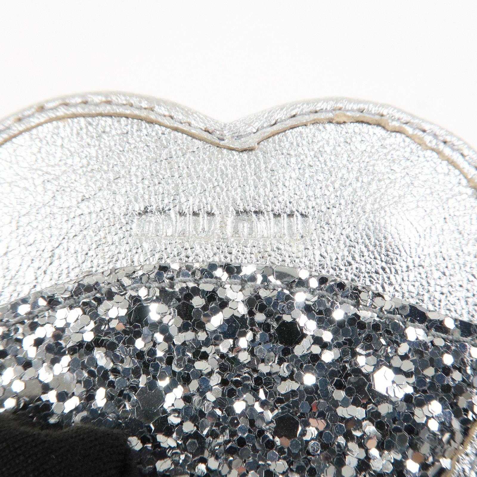 MIU MIU Heart Motif Glitter Leather Key Chain Bag Charm Silver