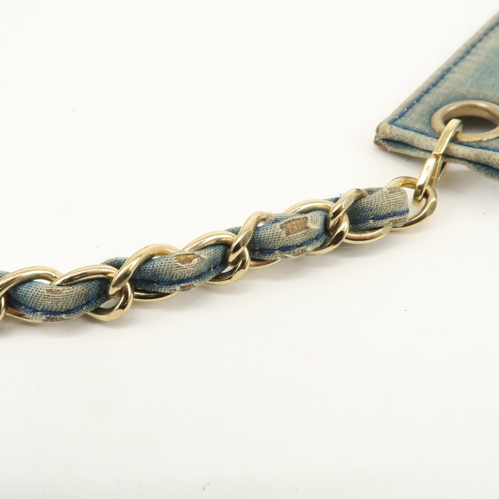 CHANEL COCO Mark Wide Stitch Chocolate Bar Chain Shoulder Bag Blue Gold Used