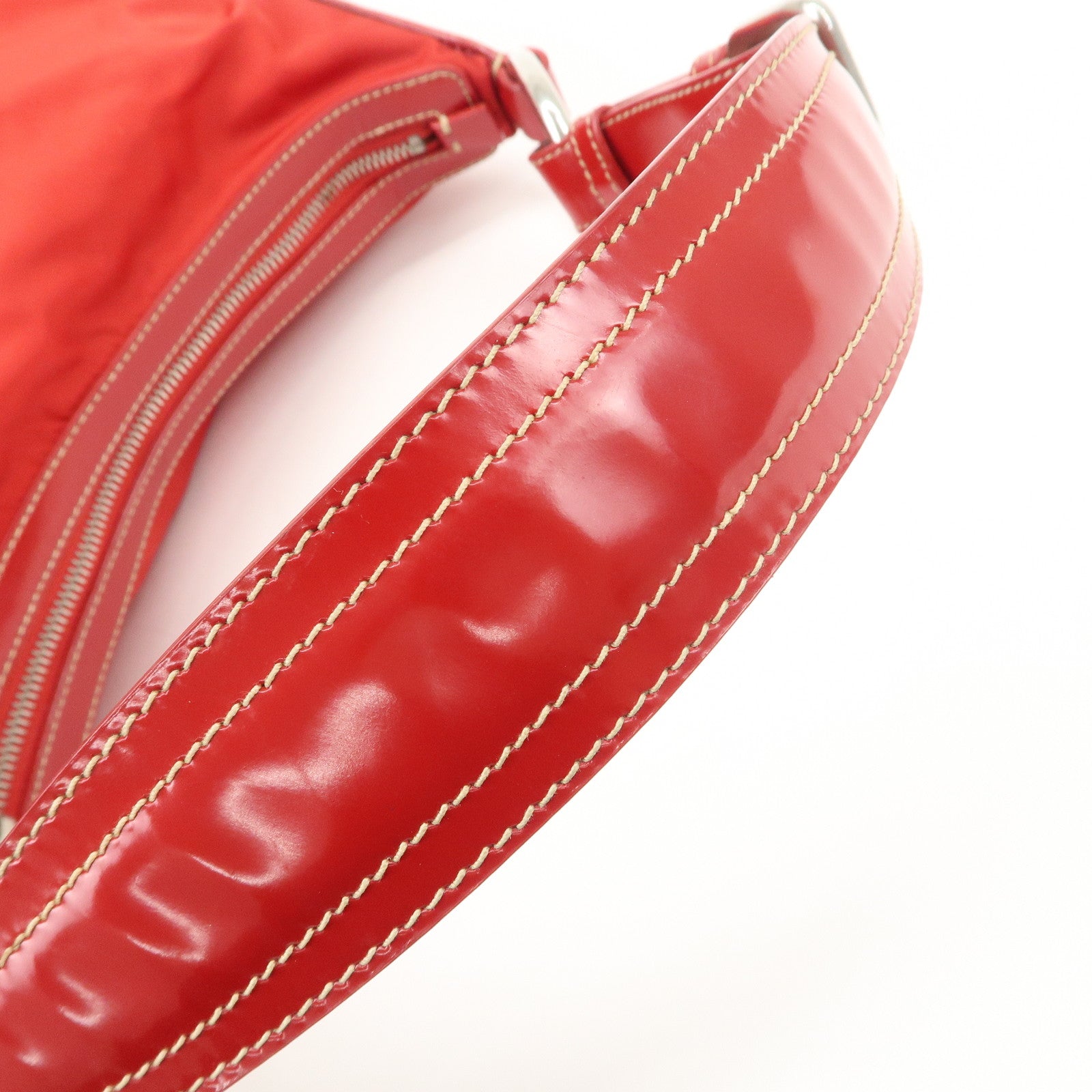 PRADA Logo Nylon Leather Shoulder Bag Silver HDW Red Used