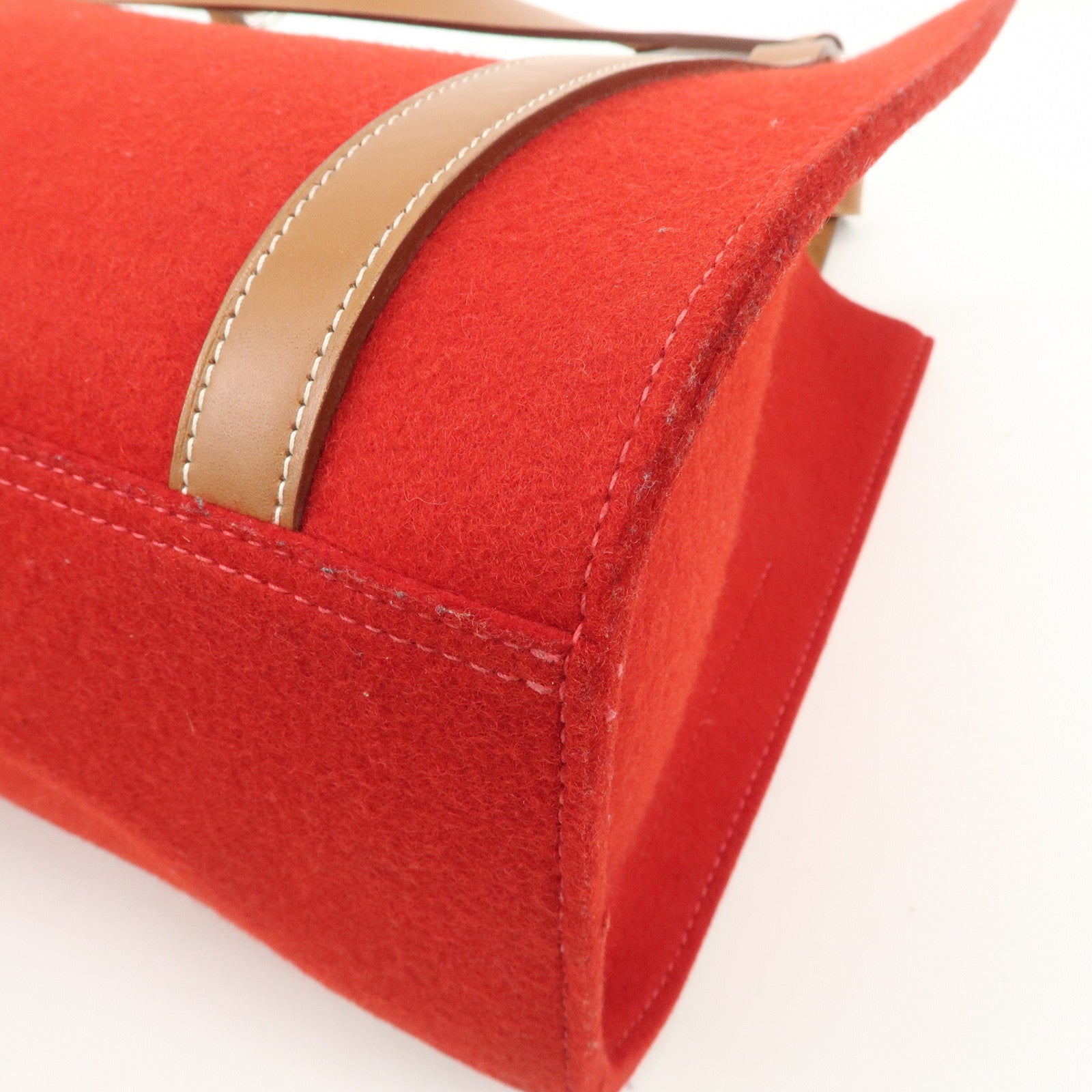 HERMES Leather Felt Cabalicol P Stamped Shoulder Bag Beige Red Used